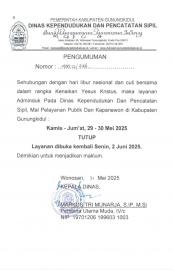 PENGUMUMAN LIBUR DARI DINAS KEPENDUDUKAN DAN CATATAN SIPIL