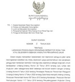 SURAT EDARAN NOMOR 11 TAHUN 2025 TENTANG LARANGAN PENGGUNAAN KENDARAAN BERMOTOR RODA TIGA ATAU SEJEN